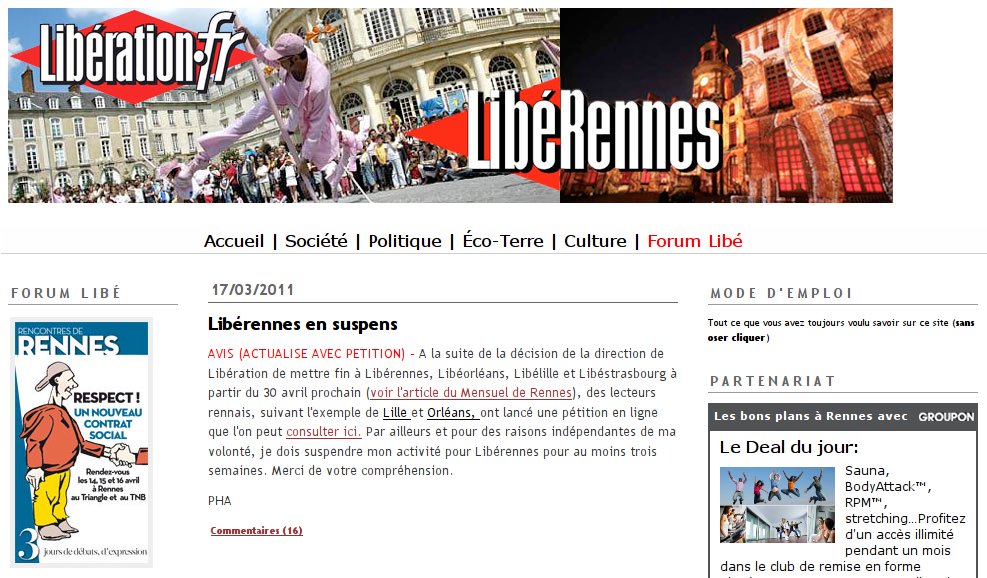 La page d’acceuil actuelle de Libérennes, avec l’annonce de la suspension… et du Forum Libé de Rennes